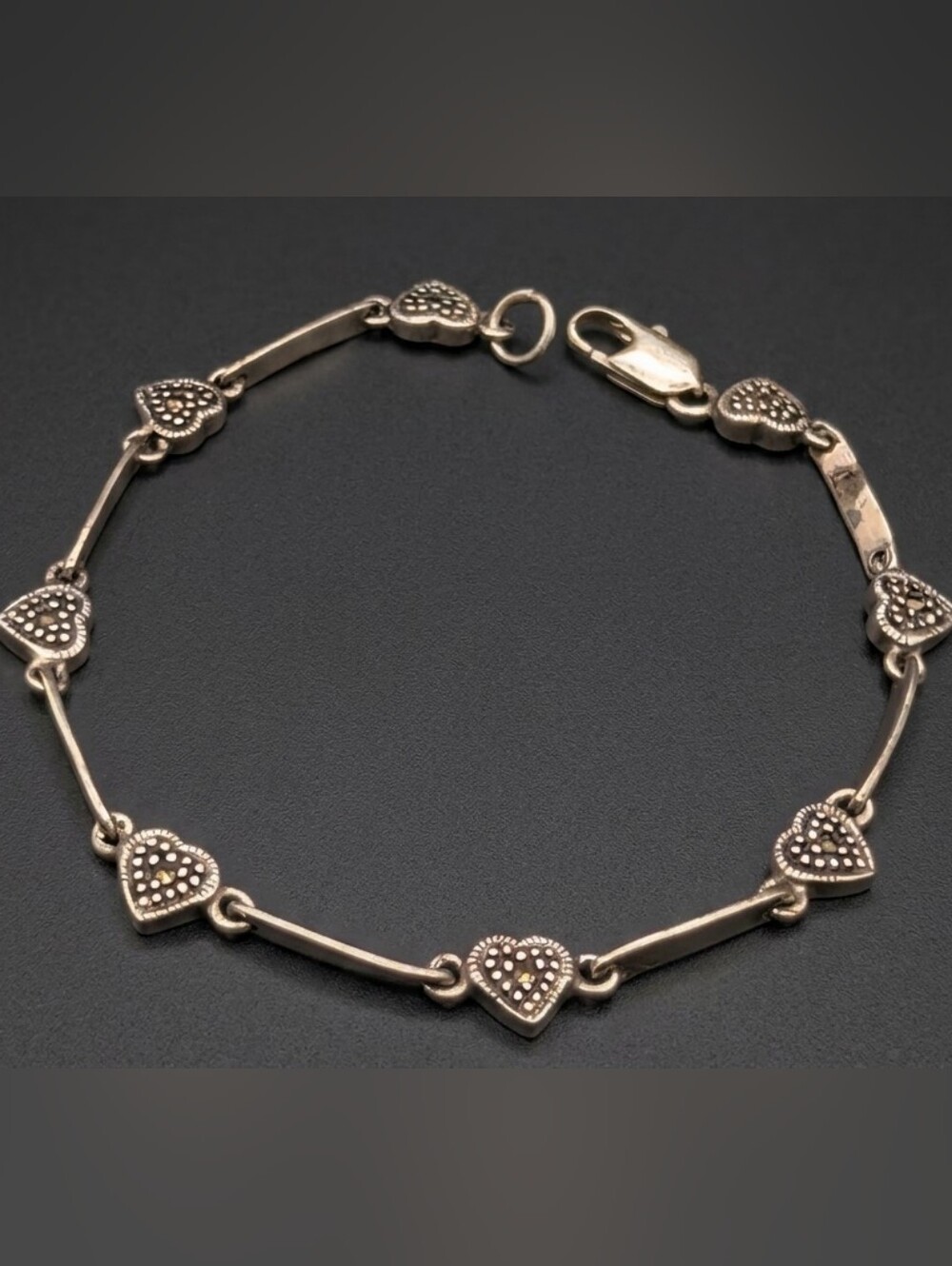 vintage sterling silver marcasite heart link station bracelet